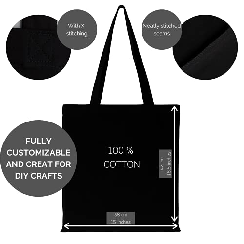 POLHIM® Bolsa Tela 100% Algodón Biodegradable,Reutilizable-Asas Largas de 70 cm.para Ropa,Manualidades,Alimentos,Verduras,IR de Paseo y Uso Diario,38x42cm, 220 gr/m2 (Negro, Paquete de 2 Unidades)