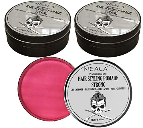 Pomade Neala Strong - 3 latas de 150 gr. - Cera de peinado para hombres enriquecida con lanolina y vitaminas - Acabado brillante, fijación fuerte