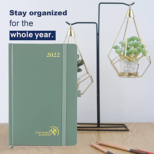 POPRUN Agenda 2022 Día por Página 145 x 215 mm - Agenda Diaria 2022 con Intervalo Horario, Páginas de Nota y Contacto, Bolsillo Interior, Tapa Dura - Verde Medianoche