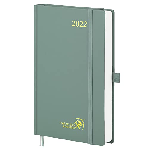 POPRUN Agenda 2022 Día por Página 145 x 215 mm - Agenda Diaria 2022 con Intervalo Horario, Páginas de Nota y Contacto, Bolsillo Interior, Tapa Dura - Verde Medianoche