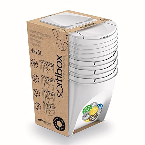 Prosperplast 160566 Juego de 4 Cubos de Reciclaje 100L Sortibox de plastico en Color Blanco, 4x25L