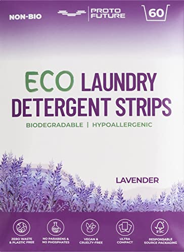 Proto Future Tiras de Detergente Ecológico Para La Lavadora - (60 cargas) Tiras Ecológicas Biodegradables, Hipoalergénicas, Zero Residuos y Sin Plástico - Fórmula Vegana y Sin Enzimas (Lavanda)