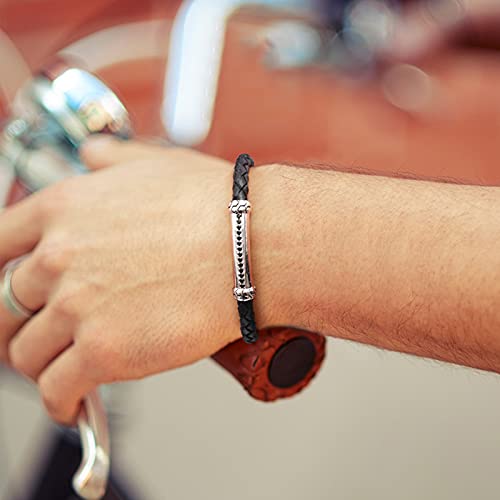 Pulsera De Cuero Genuino con Diseño De Espiga para Hombre, Cuerda Trenzada, Encanto De Energía Espiritual De Plata De Ley 925 con Cierre De Botón Pulsador, Negro