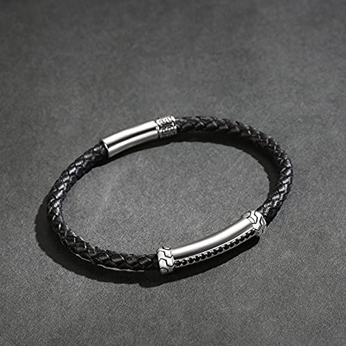 Pulsera De Cuero Genuino con Diseño De Espiga para Hombre, Cuerda Trenzada, Encanto De Energía Espiritual De Plata De Ley 925 con Cierre De Botón Pulsador, Negro