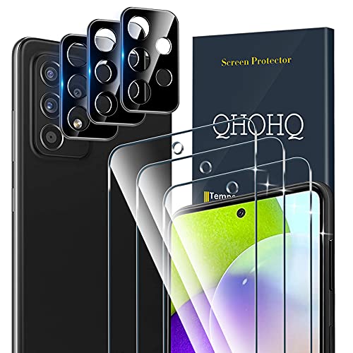 QHOHQ 3 Piezas Protector de Pantalla para Samsung Galaxy A52 4G / A52 5G / A52S 5G con 3 Piezas Protector de Lente de Cámara, Cristal Templado Membrana, 9H Dureza, HD, Anti-Arañazos, Fácil de Instalar