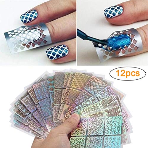 Qisen Pegatinas Uñas, 12 Hojas Pegatinas Uñas Decorativas Nail Art Stickers, Uñas Decoración de vanguardia Plantilla de Uña Pegatina de Decoración de Arte