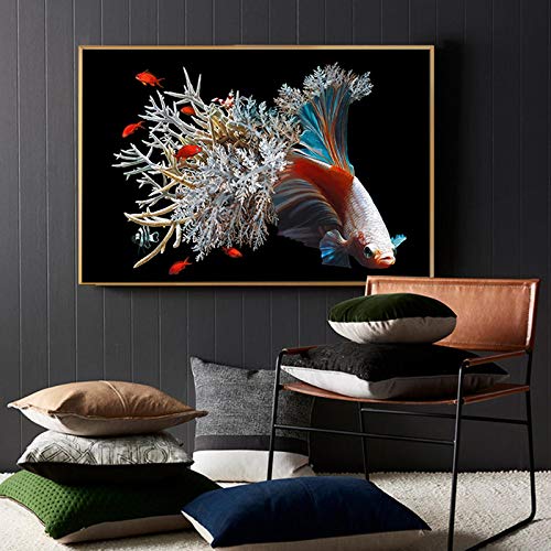 QLWLKJ Pintura en Lienzo Flor de Pescado Algas Marinas imágenes de Animales Carteles Impresiones artísticas de Pared para Sala de Estar Oficina decoración del hogar-50x70cm sin Marco