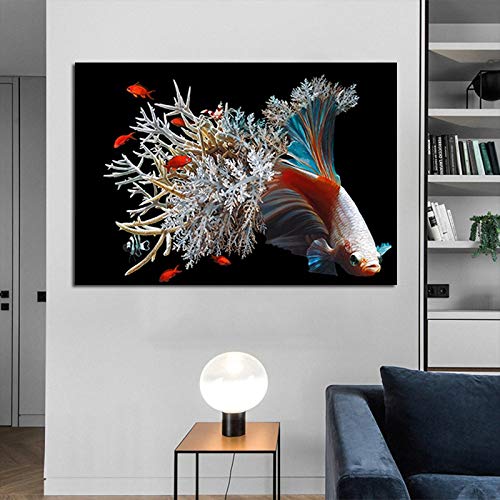 QLWLKJ Pintura en Lienzo Flor de Pescado Algas Marinas imágenes de Animales Carteles Impresiones artísticas de Pared para Sala de Estar Oficina decoración del hogar-50x70cm sin Marco