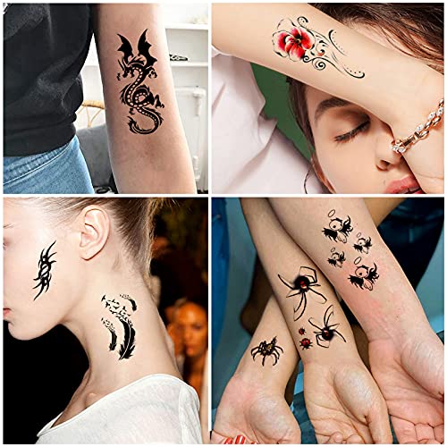 Qpout 60 hojas Tatuajes Temporales para Adultos Mujeres Hombres Niños, impermeable negro rojo tribal tatuaje pegatinas, cara brazo manga muñeca tatuaje, tótem flor mariposa cráneo animal pluma