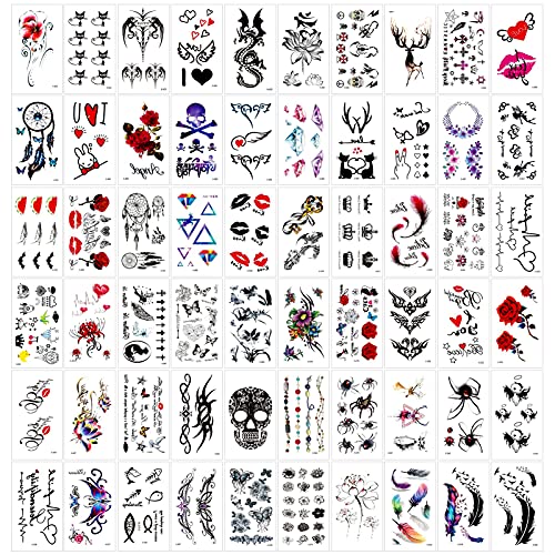 Qpout 60 hojas Tatuajes Temporales para Adultos Mujeres Hombres Niños, impermeable negro rojo tribal tatuaje pegatinas, cara brazo manga muñeca tatuaje, tótem flor mariposa cráneo animal pluma