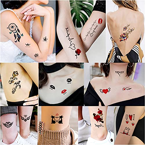 Qpout 60 hojas Tatuajes Temporales para Adultos Mujeres Hombres Niños, impermeable negro rojo tribal tatuaje pegatinas, cara brazo manga muñeca tatuaje, tótem flor mariposa cráneo animal pluma