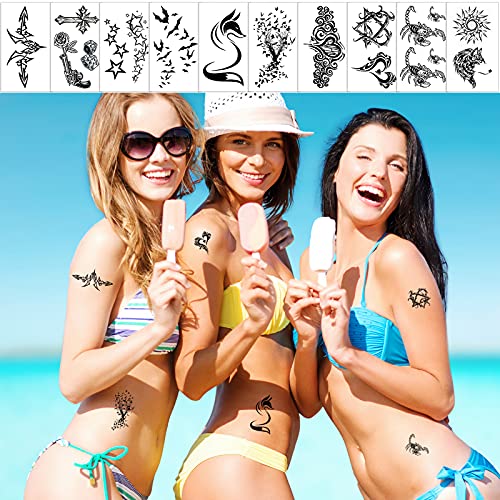 Qpout Tatuajes Temporales Para Adultos Mujeres Hombres (60 Hojas) Tatuajes a Prueba De Agua Pegatinas De Arte Negro Falso Cara Brazo Manga Tatuajes En La Muñeca