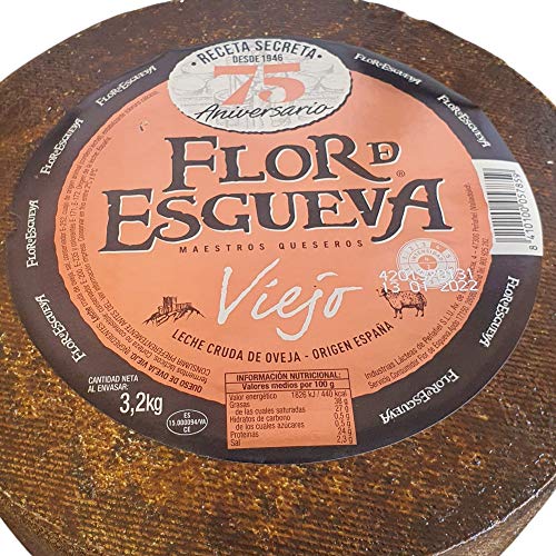 Queso Viejo Flor de Esgueva - Cuarto de Queso Curado Puro de Oveja - Incluye Cuña Degustación Queso de Oveja Curado de REGALO - Elaborado con leche cruda madurado en corteza natural