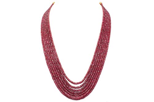 Rajasthan Gems - Collar de cuentas de rubí rojo con tratamiento facetado, 7 líneas, 565 quilates