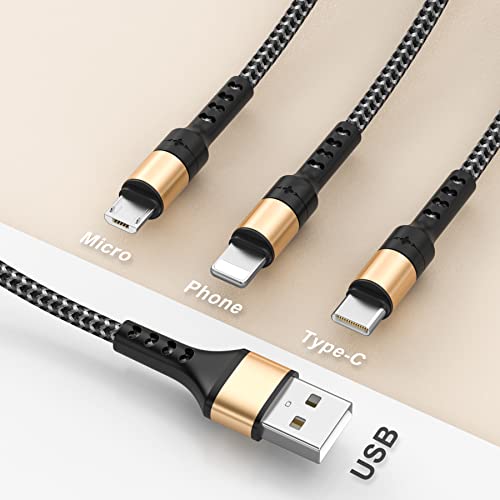 RAVIAD 3 en 1 Multi Cable de Carga, Multi USB Cargador Cable [1.2M] Nylon Múltiples Micro USB Tipo C para Android Samsung Galaxy S10/S9/S8/S7, Huawei P30/P20, Sony, Xiaomi, OnePlus- Oro