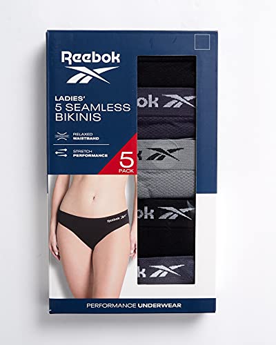 Reebok Women's Underwear - Seamless Bikini Briefs (5 Pack), Size Small, Grey/Black