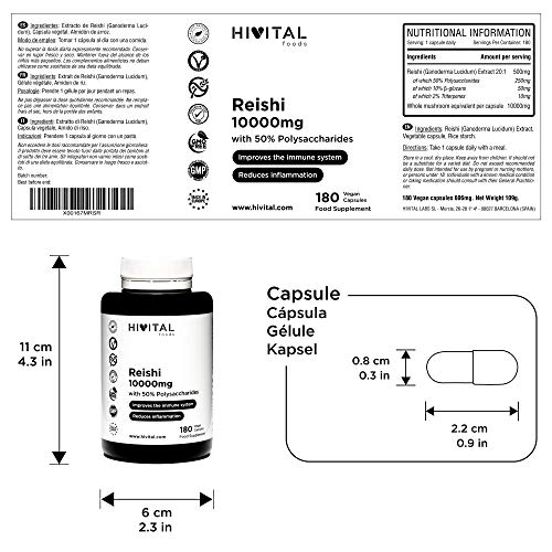 Reishi puro 10000 mg | 180 cápsulas veganas para 6 meses | Con 50% Polisacáridos, 10% Betaglucanos y 2% Triterpenos | Antioxidante natural que refuerza el sistema inmune y reduce la inflamación