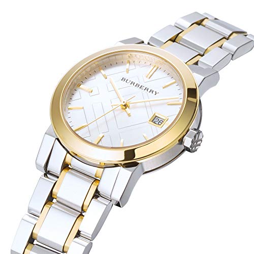 Reloj de pulsera suizo de acero inoxidable de 2 tonos de plata con fecha de 34 mm para mujer de la ciudad BU9115