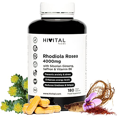 Rhodiola Rosea 4000 mg. 180 cápsulas veganas para 6 meses. Previene la ansiedad y el estrés y reduce el cansancio y la fatiga. Con extractos de Rodiola Rosea, Ginseng Siberiano, Azafrán y Vitamina B6