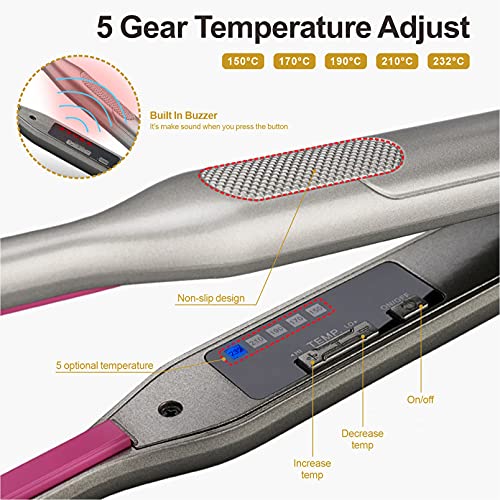 Rizador de pelo de 7 mm, rizador de pelo fino con pinza para pelo largo y corto, turmalina cerámica con indicador de temperatura ajustable, apagado automático con doble voltaje