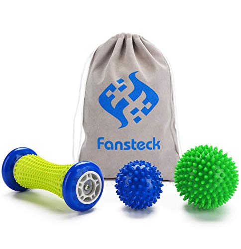 Rodillo de Masaje, Fansteck Masajeador de Pies y Manos, Masajeador ergonómico para aliviar dolor de Fascitis Plantar, músculo, cervical, muñecas y etc. Con 2 Pelotas Masaje. Material Seguro Duradero.