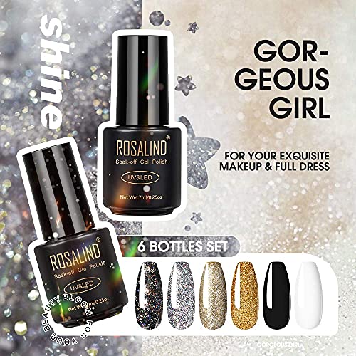 ROSALIND Esmaltes Semipermanentes de Uñas en Gel UV LED 6pcs Kit de Esmaltes de Uñas de Brillo Glitter Negro Blanco 7ml