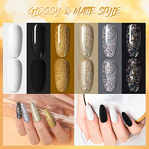 ROSALIND Esmaltes Semipermanentes de Uñas en Gel UV LED 6pcs Kit de Esmaltes de Uñas de Brillo Glitter Negro Blanco 7ml