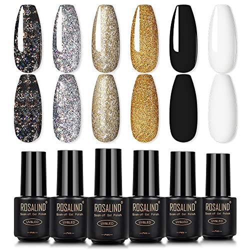 ROSALIND Esmaltes Semipermanentes de Uñas en Gel UV LED 6pcs Kit de Esmaltes de Uñas de Brillo Glitter Negro Blanco 7ml