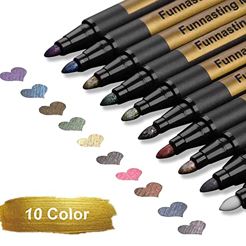 Rotuladores Metálicos, Funnasting Marcadores Metálicos Set de 10 Bolígrafos de pintura para Hacer Tarjetas, Scrapbooking, Album de Fotos de Bricolaje, Plástico, Vidrio, Metal, Madera, Piedra