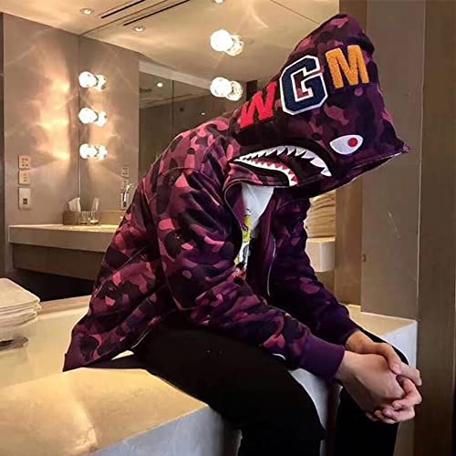 RR-CHY Hombres Bape Shark Head Sudadera Sudaderas Top Blusa Chándales Manga Larga Otoño Invierno Casual Cremallera Camuflaje Contraste Costuras Hip Hop Tops