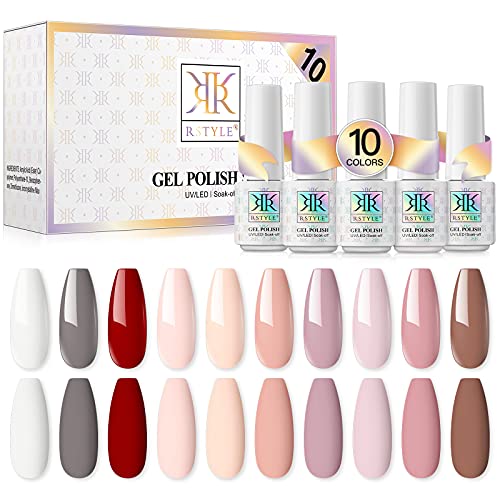 RSTYLE Esmalte Semipermanente, 10pcs UV Kit Uñas de Pintauñas Gel Soak off Summer Color Sólido de Larga Duración Esmalte de Uñas 5ml desnudo rosa rojo blanco púrpura marrón