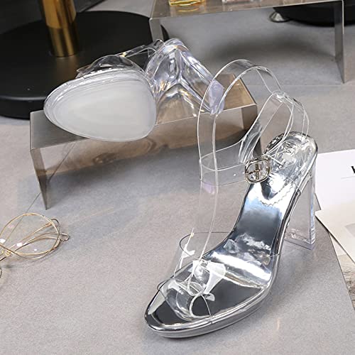 Sandalias De Tacón Con Hebilla En El Tobillo Y Punta Abierta Mujer Tacón Grueso De Cristal 11cm Tacones Altos Atractivos Elegantes Zapatos Vestir Para Bodas para Discoteca Ladies Catwalk ,35,Silver