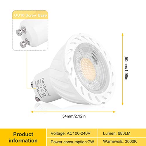 SanGlory Bombillas LED GU10, 7W Equivalente 70W Halógena, 680 Lúmenes, Ultra Brillante GU10 LED Spotlight, 45 ° luz blanca cálida 3000K, AC 85V-265V, no regulable - Caja de 4 unidades