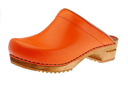 Sanita Lotte | Zuecos Abiertos | Producto Artesanal Original para Mujer | Zuecos de Piel con Suela de Madera | Naranja | 40 EU