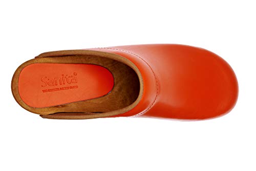 Sanita Lotte | Zuecos Abiertos | Producto Artesanal Original para Mujer | Zuecos de Piel con Suela de Madera | Naranja | 40 EU