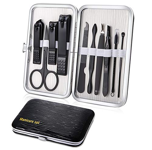 Set de Manicura Pedicura Profesional Cortaúñas Acero Inoxidable -10 Piezas para hombres mujeres Manicura con Caja de Cuero (Negro)