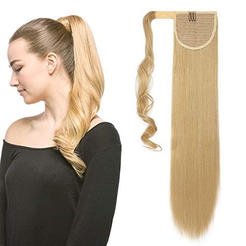 Silk-co Coleta Postiza de Pelo Sintético Liso con Clips Extensiones de Cabello Invisible y Natural Ponytail Velcro Hair Extension #Rubio Dorado & Pálido (58cm,90g)