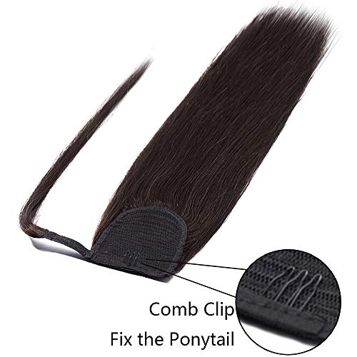 Silk-co Coleta Postiza Pelo Natural Velcro Clip 16" (40cm) 100% Remy Extensiones de Largas Lisas Cabello Humano Ponytail Hair Cola de Caballo (80g) [#2 Marrón Oscuro]