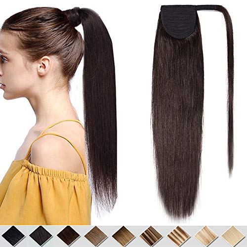 Silk-co Coleta Postiza Pelo Natural Velcro Clip 16" (40cm) 100% Remy Extensiones de Largas Lisas Cabello Humano Ponytail Hair Cola de Caballo (80g) [#2 Marrón Oscuro]