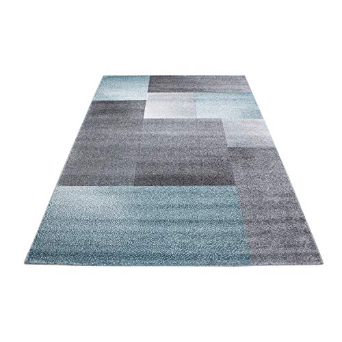 SIMPEX - Alfombra de diseño Moderno para salón, a Cuadros, Pelo Corto, Jaspeado, Negro, Gris, Azul, Blanco, Azul, 120 x 170 cm