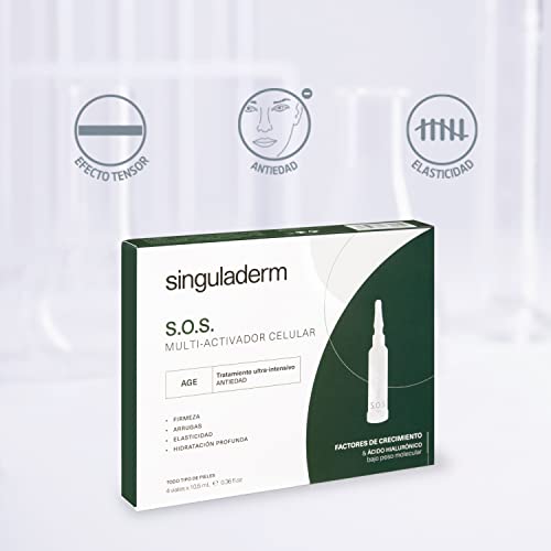 Singuladerm - S.O.S Age 4 viales x 10,5 ml cada uno - Sérum antiedad con Factores de Crecimiento Naturales y Ácido Hialurónico para pieles maduras