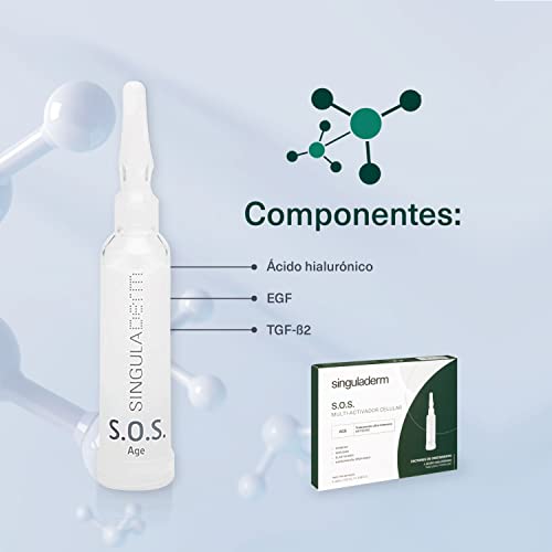 Singuladerm - S.O.S Age 4 viales x 10,5 ml cada uno - Sérum antiedad con Factores de Crecimiento Naturales y Ácido Hialurónico para pieles maduras