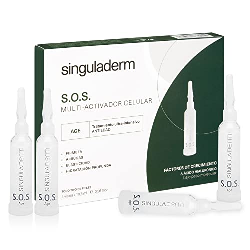 Singuladerm - S.O.S Age 4 viales x 10,5 ml cada uno - Sérum antiedad con Factores de Crecimiento Naturales y Ácido Hialurónico para pieles maduras