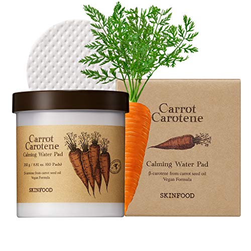 SKIN FOOD since 1957 Almohadilla de agua calmante de zanahoria caroteno 250 g (8.81 oz.) 60 hojas - Alivio del enrojecimiento Almohadillas de algodón faciales calmantes para pieles sensibles