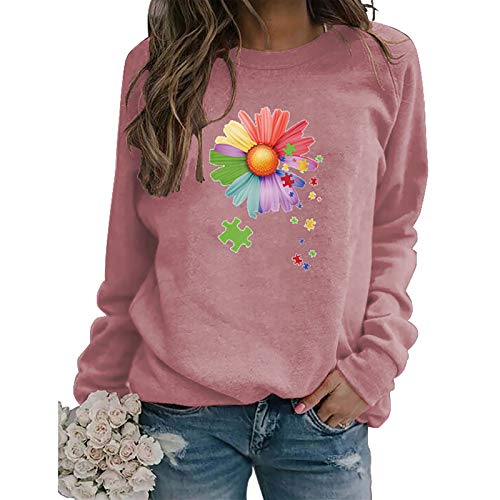 Sky Cloud Camisetas gráficas de la Margarita de Las Mujeres de Manga Larga Sudadera Delgada Pullover Casual Lindo Crewneck Tops (Color : Rose Gold, Size : Medium)