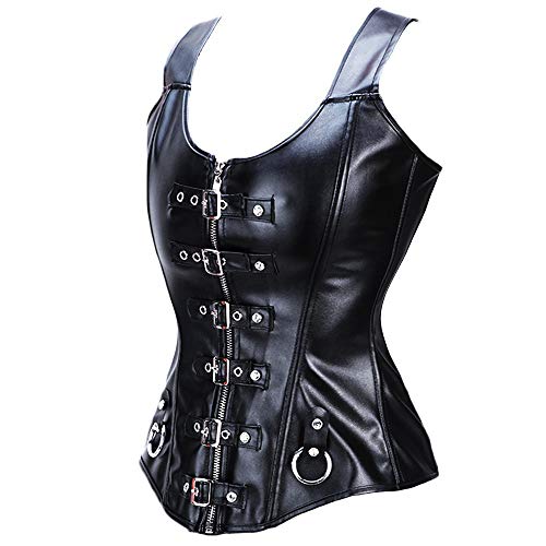 SLIMBELLE® Mujer Corsé de Cuero Negro Pirata Gótico Steampunk Bustier Medieval Burlesque Corsés de Piel Chaleco Modeladora Sexy Lencería Talla Grande Corset con G-String & Correas de Hombro