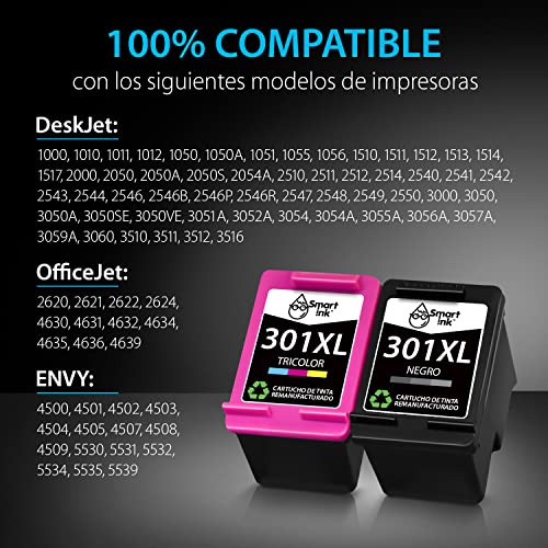 Smart Ink Reemplazo Compatible del Cartucho de Tinta 301XL 301 XL Alto Rendimiento 2 Pack (Negro & Color) Cartuchos para Deskjet 1000 1010 1050 1510 2050 2510 2540 3000 3050 3050A 3510 Envy 4500 5530