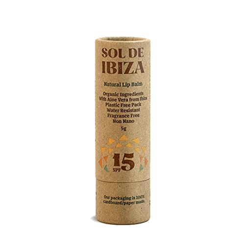 Sol De Ibiza Plastic Free Bálsamo labial - Protector Solar Natural SPF15 - Ingredientes Naturales - Óxido de Zinc Non Nano - Vegano - Sol, nieve y viento - Adultos & Niños - 5g