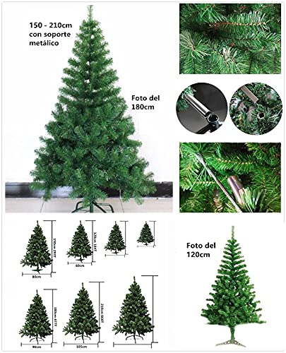 Solagua Árbol de Navidad Verde Artificial Abeto de Hoja Verde Espumillón 120-210cm Arboles C/Soporte Metálico (Verde Brillo, 210cm 668Tips)