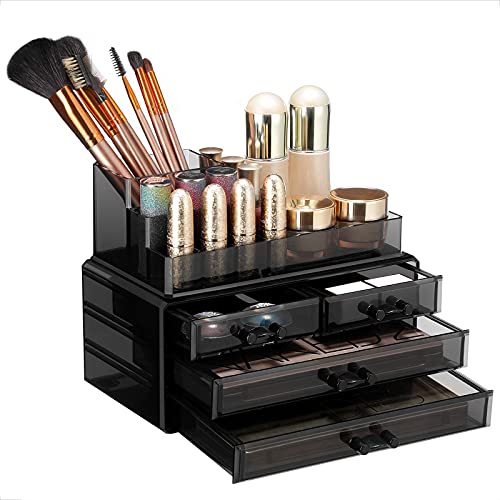 SONGMICS Organizador Cosmético, Estuche de Maquillaje con 4 Cajones y 11 Compartimentos de Diferentes Tamaños, Esteras Antideslizantes, Maquillaje y Joyería, Negro JKA00BK